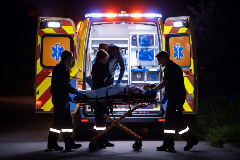 Paramedics loading a patient into an ambulance